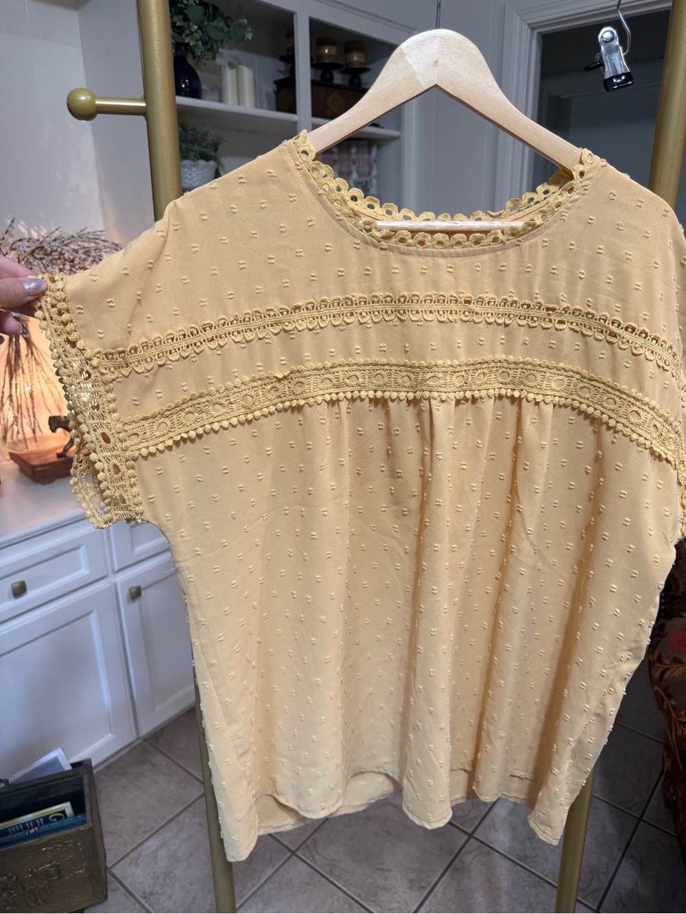 Butter Yellow Swiss Dot Lace Trim Boho Blouse Women’s